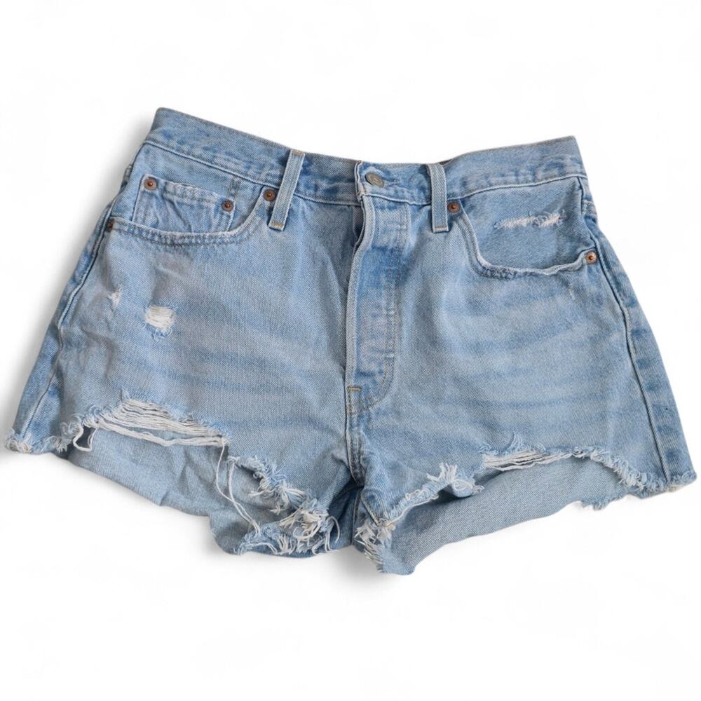 Levis 501 High‎ Waisted Distressed Button Fly Denim Shorts 29